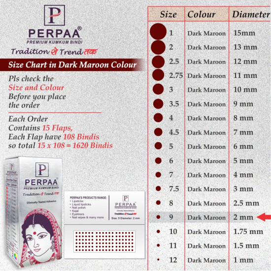 PERPAA Premium Velvet Sticker Kumkum Bindi Box of 15 Flaps - Pottu for Women,Ladies, Girls (Size9, Diameter 2mm, Dark Maroon)
