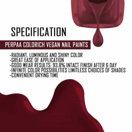 PERPAA Colorich Vegan Nail Lacquer - Maroon – 10 ml - Dries in 45 seconds - Quick-drying, Chip-resistant, Long-lasting. Glossy high shine Nail Enamel/Polish for women.