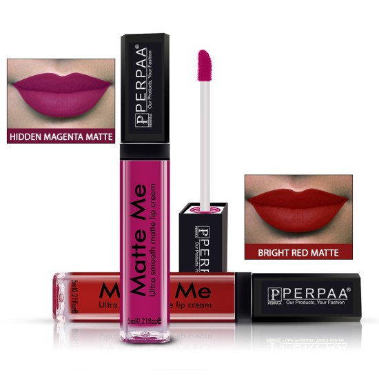 PERPAA® One Stroke Matte Me Liquid Lipstick Pack of 2 (5 ml Each ) Hidden Magenta ,Bright Red