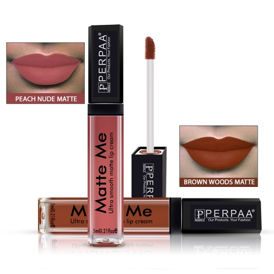 PERPAA® One Stroke Matte Me Liquid Lipstick Pack of 2 (5 ml Each ) Brown Wood ,Peach Nude