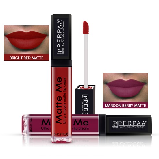 PERPAA® One Stroke Matte Me Liquid Lipstick Pack of 2 (5 ml Each )  Bright Red ,Maroon Berry