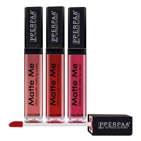 PERPAA® One Stroke Matte Me Liquid Lipstick Pack of 3 (5 ml Each) Reddish Pink ,Peach Nude ,Bright Red