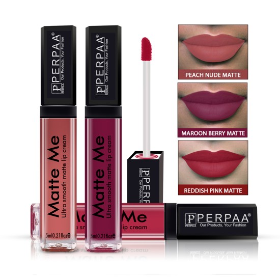 PERPAA® One Stroke Matte Me Liquid Lipstick Pack of 3 (5 ml Each) Maroon Berry ,Reddish Pink ,Peach Nude