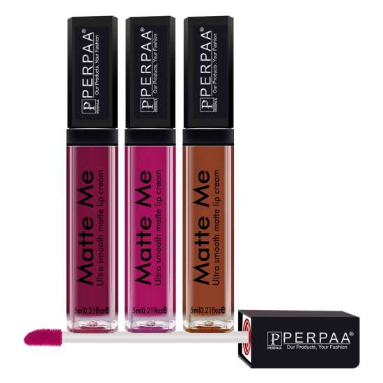 PERPAA® One Stroke Matte Me Liquid Lipstick Pack of 3 (5 ml Each) Maroon Berry ,Hidden Magenta ,Brown Wood