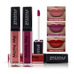 PERPAA® One Stroke Matte Me Liquid Lipstick Pack of 3 (5 ml Each) Maroon Berry ,Peach Nude ,Bright Red