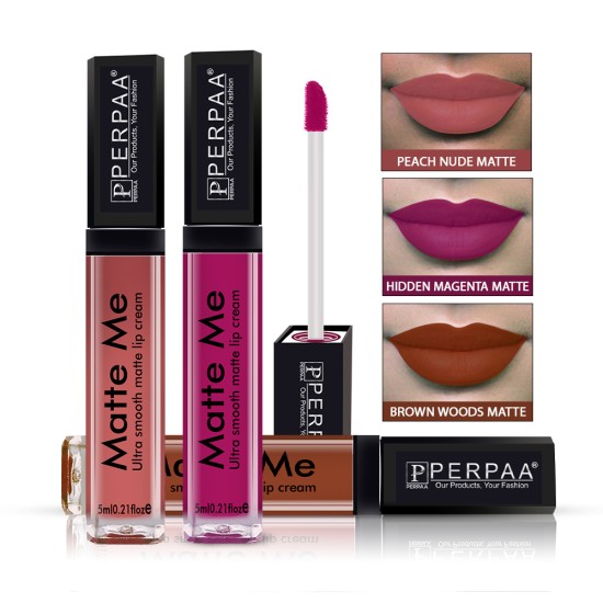 PERPAA® One Stroke Matte Me Liquid Lipstick Pack of 3 (5 ml Each) Hidden Magenta ,Brown Wood ,Peach Nude