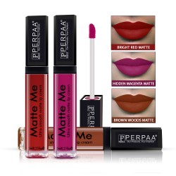 PERPAA® One Stroke Matte Me Liquid Lipstick Pack of 3 (5 ml Each) Hidden Magenta ,Brown Wood ,Bright Red