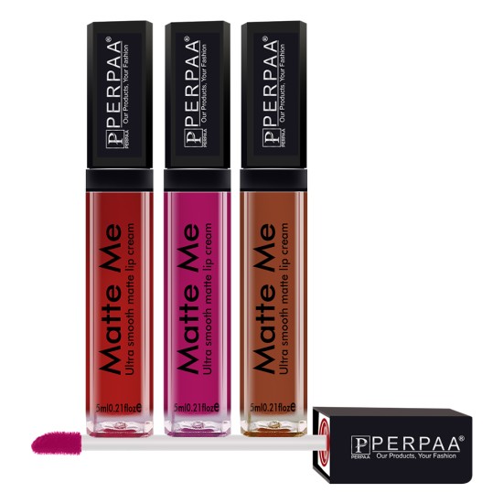 PERPAA® One Stroke Matte Me Liquid Lipstick Pack of 3 (5 ml Each) Hidden Magenta ,Brown Wood ,Bright Red