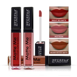 PERPAA® One Stroke Matte Me Liquid Lipstick Pack of 3 (5 ml Each) Brown wood ,Peach Nude ,Bright Red