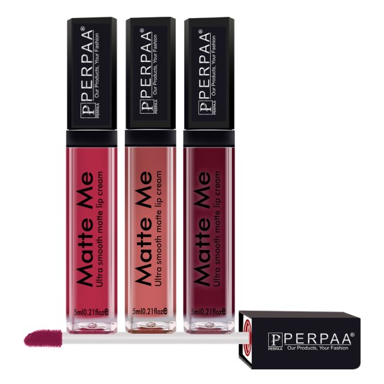 PERPAA® One Stroke Matte Me Liquid Lipstick Pack of 3 (5 ml Each) Rich Plum ,Peach Nude ,Bright Red