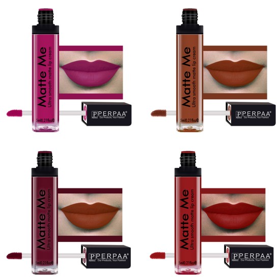 PERPAA® One Stroke Matte Me Liquid Lipstick Pack of 4 (5 ml Each) Hidden Magenta ,Brown Wood ,Rich Plum ,Bright Red