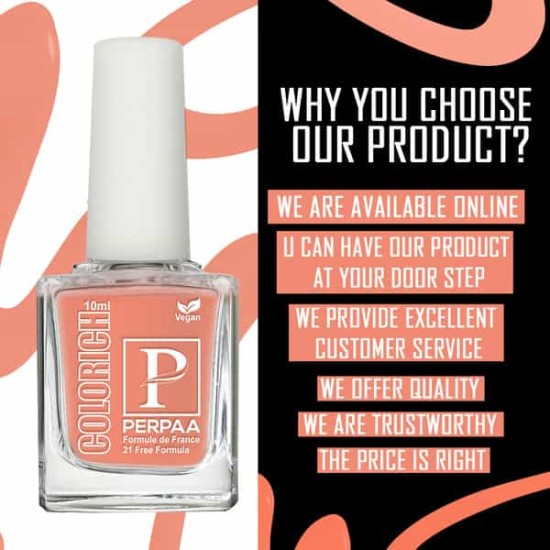 PERPAA Colorich Vegan Professional UV Gel Nail Polish, Lasts Upto 21 Days, Super Glossy Finish, Non-Chipping, Non-Smudging, Quick Drying Nail Polish, Peach 10 ml