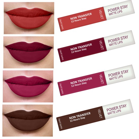 PERPAA® Power Stay Liquid Matte Lipstick - Waterproof Combo of 4 (Upto12 Hrs Stay) (Flirty Red, Cherry Red ,Pink Prom , Bon Bon Brown, Pack of 4)