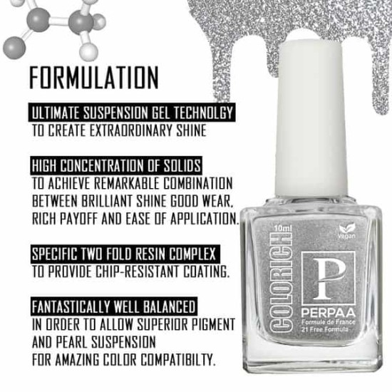 PERPAA Colorich Vegan Mettalic Nail Polish Texture Silver Flaky Glitter(Metallic Silver Nail Paint)|Non UV - Gel Finish |Chip Resistant | Seaweed Enriched Formula| Long Lasting|Cruelty and Toxic Free| 10ml