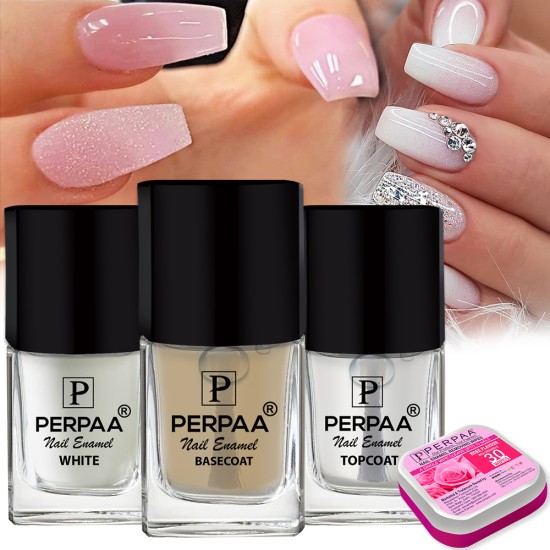 PERPAA® Trendy Long-Lasting Gel Based ,Quick-drying Nail Care Combo Set  (5ml Each) Base Coat ,Top Coat , White Nail Polish (Pack of 3)