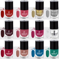 PERPAA® Trendy Quick-drying, Long-Lasting Gel Based Nail Polish Combo of 12 Deep Red ,Light Pink ,Golden ,Silver ,Maroon ,Glitter Pink ,Pink ,Transparent ,Red ,Nude ,Blue ,Green (Pack of 12)
