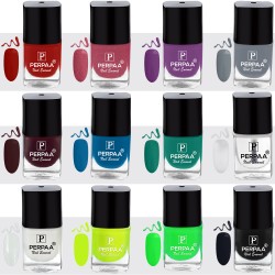 PERPAA® Trendy Quick-drying, Long-Lasting Gel Based Nail Polish Combo of 12 Deep Red, Maroon ,Glitter Pink ,Transparent ,Blue ,Green ,Purple ,Grey ,White ,Neon ,Light Green ,Black (Pack of 12)