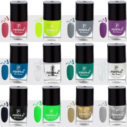 PERPAA® Trendy Quick-drying, Long-Lasting Gel Based Nail Polish Combo of 12 Neon ,Light Pink ,Grey ,Purple ,Blue ,Green ,Transparent ,White ,Light Green ,Black ,Golden ,Silver (Pack of 12)