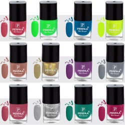 PERPAA® Trendy Quick-drying, Long-Lasting Gel Based Nail Polish Combo of 12 Light Green ,Light Pink ,Blue ,Green ,Nude ,Neon ,Purple ,Grey ,Glitter Pink ,Golden ,Silver , Pink (Pack of 12)