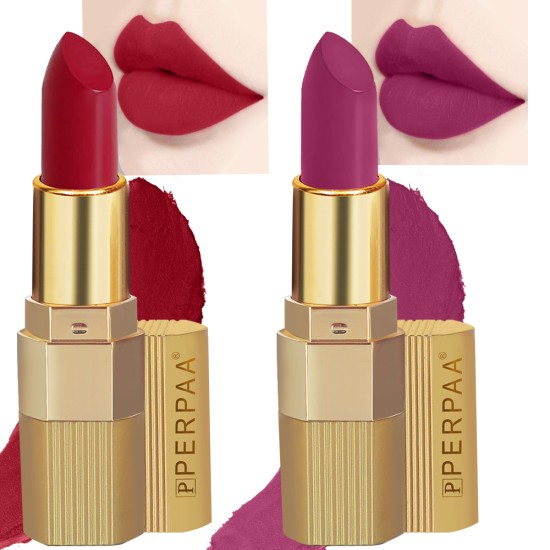 PERPAA® Xpression Sensational Creamy Matte Lipstick Weightless 2 Piece (5-8 Hrs Stay) Matte Magenta ,Matte Apple Red